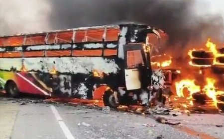 Four killed as bus catches fire after collision with tanker in Gujarat 