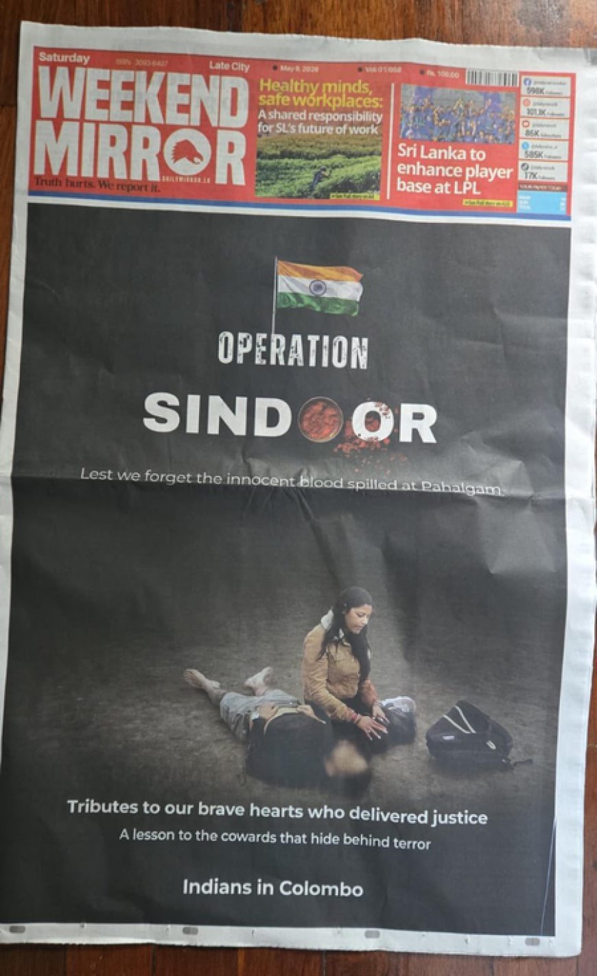 Lankan newspapers carry front-page tributes for Pahalgam terror attack victims, honour 'Op Sindoor'