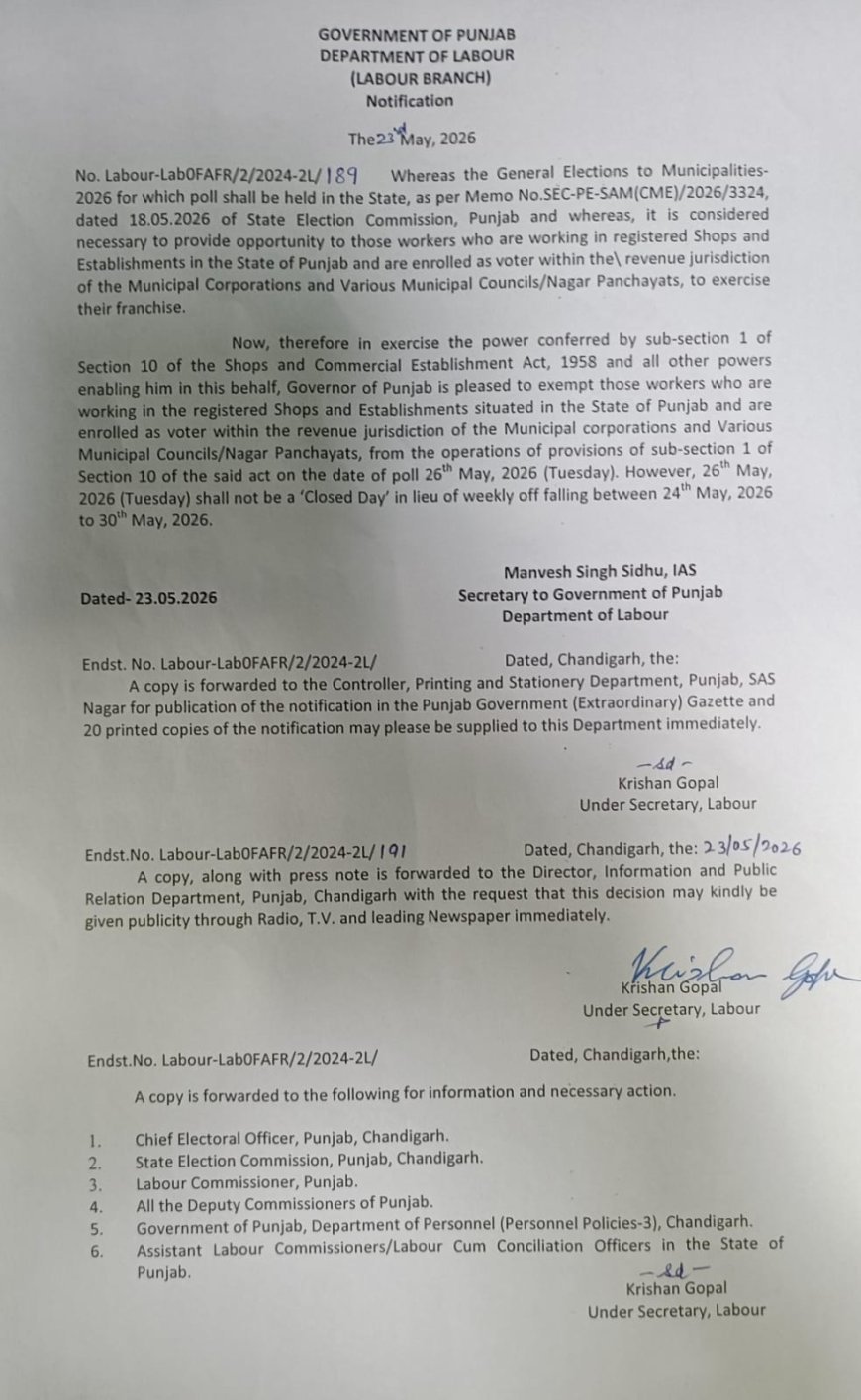 Punjab government declares exemption for shop workers to cast thier vote for Municipal General Elections on May 26