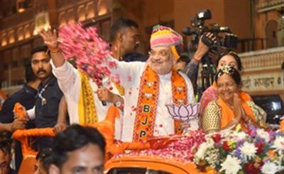 Home Minister Amit Shah holds roadshow in Jaipur for BJP's Manju Sharma